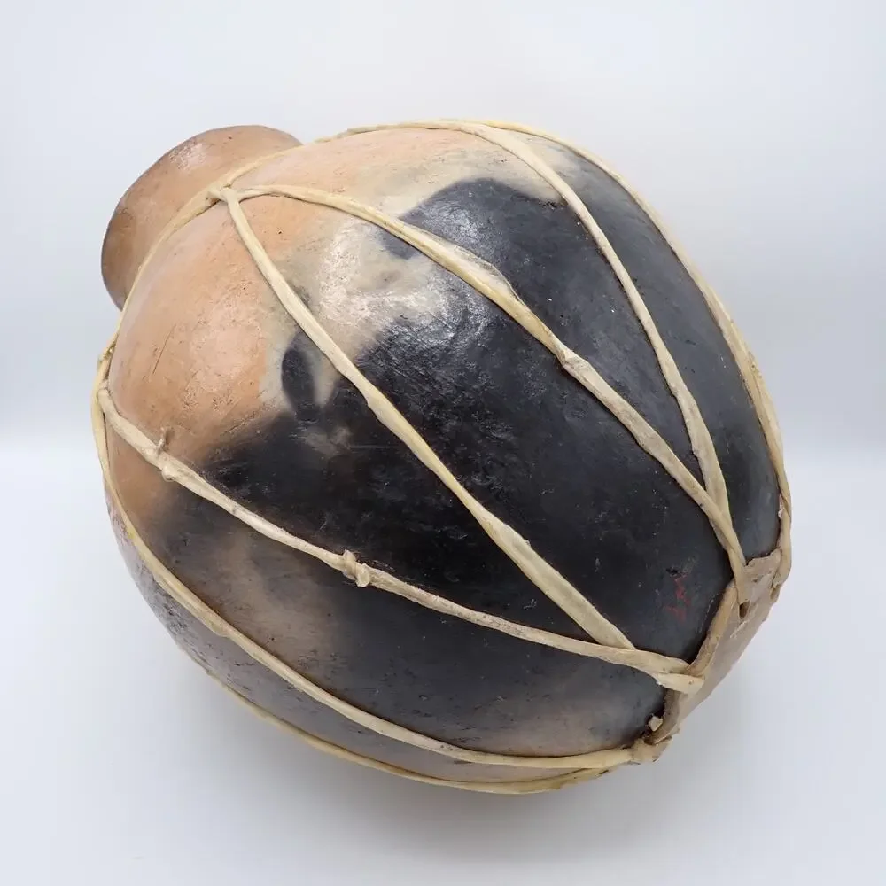 Large Rawhide Laced Clay Olla Tarahumara Style Southwest Pottery 14in